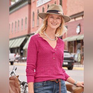 Sundance Womens XL Pink Whispering Winds Pointelle Crochet Henley Boho Spring